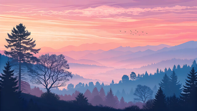 Layered mountain landscape with pink and purple sky and silhouetted trees full hd 4k stock image download