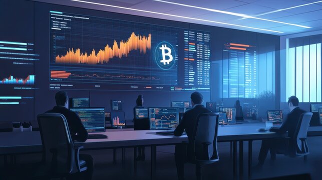 Cryptocurrency trading room; analysts monitor Bitcoin charts and data on large screens.