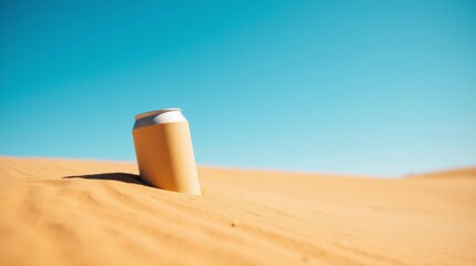 Generic beverage can mockup in desert sand under clear blue sky.