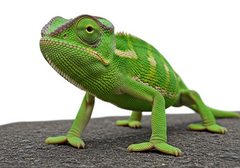 Fototapeta premium Vibrant green chameleon on dark textured surface with white background, showcasing unique skin texture, alert posture, and exotic reptilian features.