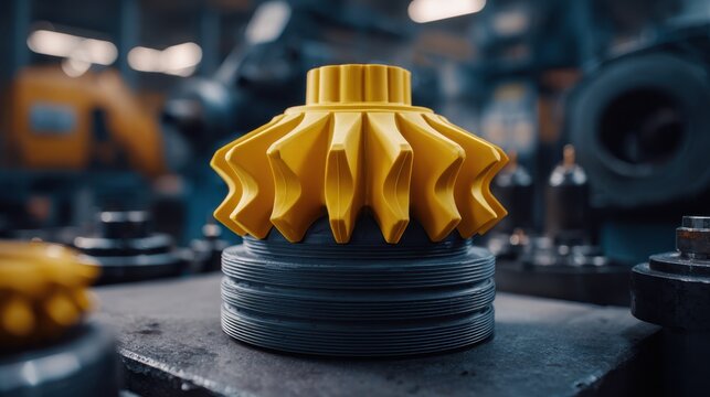 Medium shot featuring a composite 3D printed component in sharp detail with blurred repair equipment and machine parts illustrating innovation in durable and customized rapid