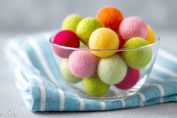 Colorful felt balls filling a glass bowl resting on a striped napkin