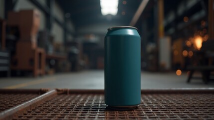 Blank teal aluminum can mockup on rusty industrial background.
