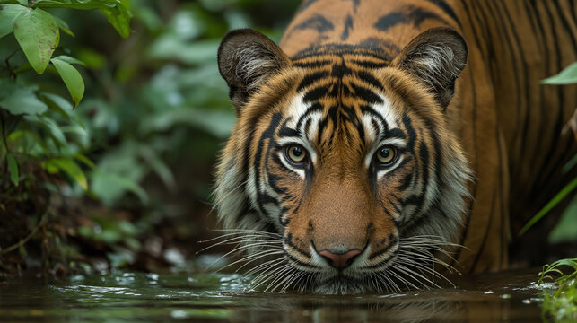 A Bengal tiger crouches, stalking silently across the water surface, intense gaze fixed, muscles taut, embodying power and stealth. - Powered by Adobe