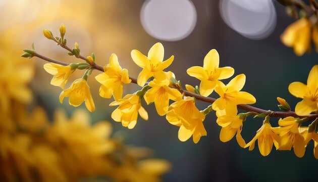 bright yellow forsythia flowers on branch create cheerful and vibrant display perfect for springtime decor or floral arrangements
