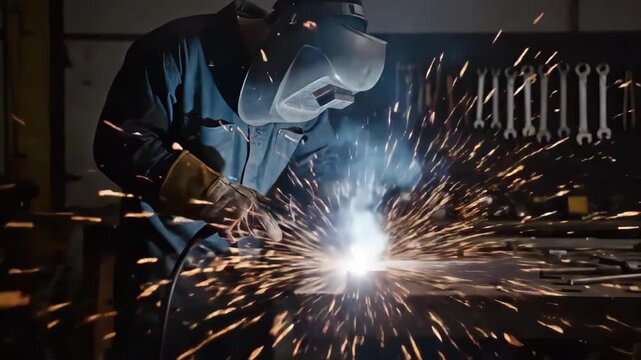 Welding sparks flying in workshop with worker wearing protective gear and safety equipment
