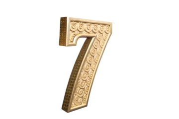 Golden Number 7 A Detailed 3D Render of the Digit 'Seven' with Intricate Decorative Carvings, Perfect for Visual Projects