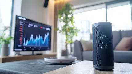 Smart speaker displaying data on screen, modern living room.