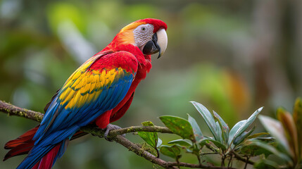 Fototapeta premium A colorful macaw perches on a branch in lush tropical foliage, displaying vibrant feathers, exotic beauty, and lively energy.