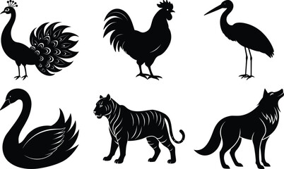 Vector art of silhouette of various animals including birds, a tiger, and a wolf