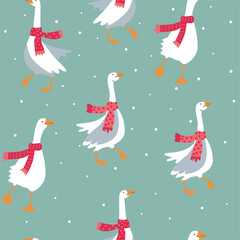 Christmas seamless pattern with goose in scarf on blue background. 