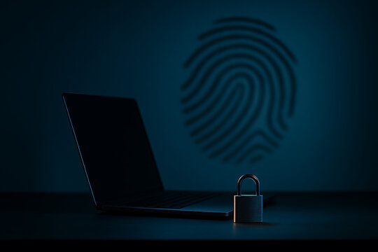 Laptop, Padlock, and Fingerprint Projection Suggesting Data Security