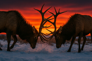 Two Elk Antlers Locked in Combat during Sunset