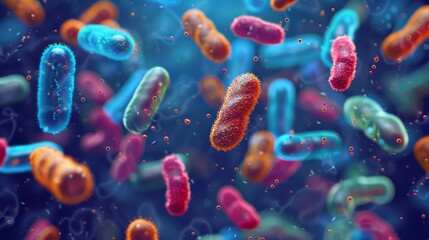 The intricate details of various types of bacteria are presented against a colorful, fluidlike background