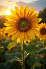 Fototapeta premium A vibrant autumn sunflower, petals golden brown, facing the sun , golden, color, october