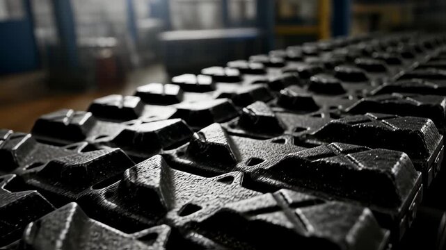 Detailed shot of rugged antislip surface textures on a tanks assembly track designed for superior traction in combat zones.