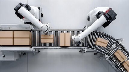 A top-down view of a massive, clean, white automated warehouse with robotic arms sorting packages on conveyor belts with perfect precision, industrial automation concept, 