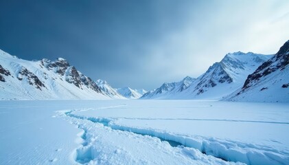 Fototapeta premium Frozen landscape, stark white snow, icy mountains, dark sky , winter landscape, winter, arctic landscape