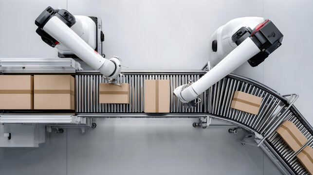 A top-down view of a massive, clean, white automated warehouse with robotic arms sorting packages on conveyor belts with perfect precision, industrial automation concept, 