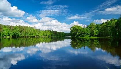 Obraz premium serene lake surrounded by lush green trees reflects vibrant blue sky and fluffy clouds creating peaceful atmosphere
