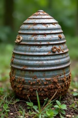 Weathered gray metal beehive, showing rust and texture, rural, gray