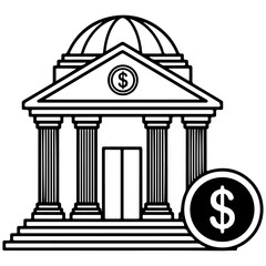 Bank or Financial Organizations building or iconic Building icon, black and white, vector