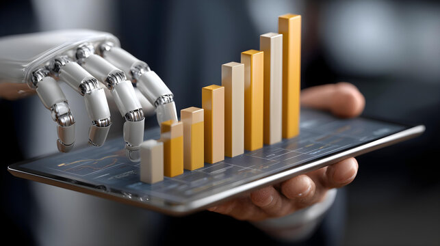 A 3D bar chart emerging from the surface of a digital tablet screen, held by clean, robotic hands, mobile analytics and business intelligence concept, 