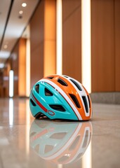 Fototapeta premium A close-up, reflective shot of a colorful bicycle helmet with a sleek design.