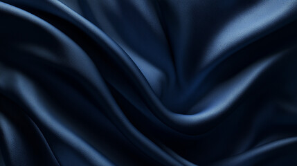 Fototapeta premium A dark blue satin fabric texture with subtle light ripples, highlighting its smooth, luxurious, and elegant reflective surface. 