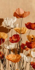 Colorful bouquet of orange, white, and yellow poppies against a warm background.