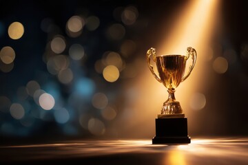 Glowing Gold Trophy on Velvet Podium with Dramatic Spotlight and Subtle Bokeh