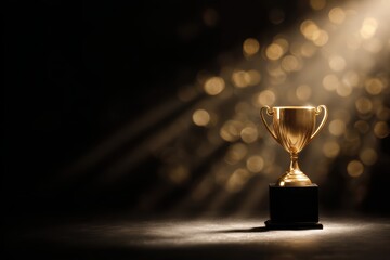 Glowing Gold Trophy on Velvet Podium with Dramatic Spotlight and Subtle Bokeh