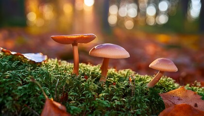 Fototapeta premium mushrooms growing in autumn forest with moss and fallen leaves
