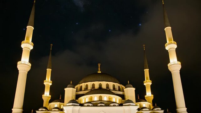 A majestic mosque with multiple minarets under a starry night sky, showcasing architectural beauty and serene ambiance.