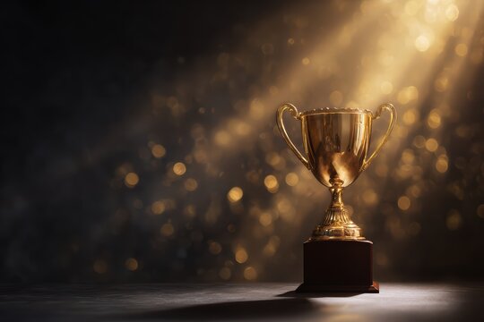 Glowing Gold Trophy on Velvet Podium with Dramatic Spotlight and Subtle Bokeh