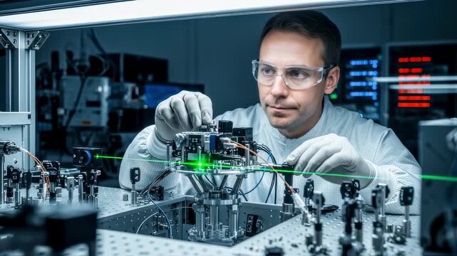 Engineer in a particlefree clean bench environment handling quantum cryptography satellite instruments with laser alignment systems.