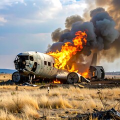Naklejka premium Burning plane crash in field