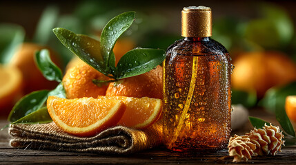 Amber Refillable Cleaning Spray Bottle with Orange Slices on Wood