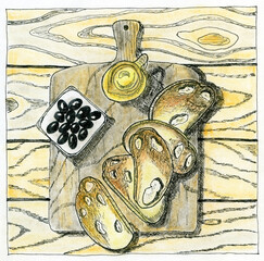 Sliced Bread with Olives and Butter on Wooden Board Sketch