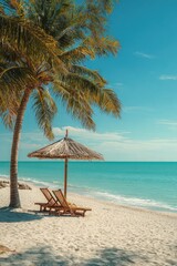 Tropical beach scene with palm trees, umbrella, and lounge chairs