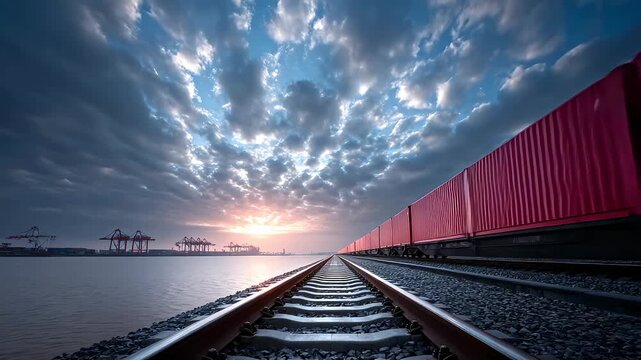 Red Container Train Traveling on Tracks