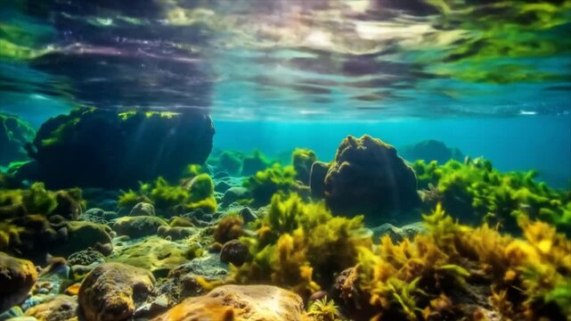 Underwater sunlight through algae and rocks