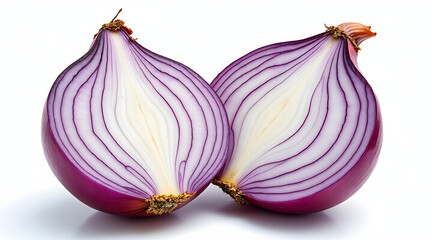 Clean studio shot of halved onion displaying vibrant purple layers and white inner rings with fresh and crisp appearance