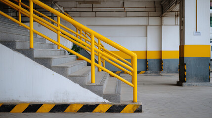 Industrial stairs captured in minimalist perspective, yellow railing cutting bold diagonal across frame, geometric order contrasting with raw metal surfaces