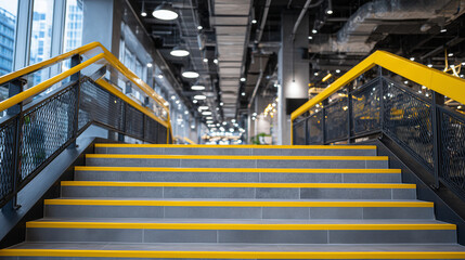 Modern industrial staircase in geometric ascent, yellow railings glowing under artificial light, steel steps arranged in precise rhythm leading into depth