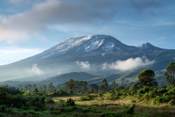 Fototapeta premium Majestic Kilimanjaro Summit Emerging from Foggy Skies with Verdant Slopes, Panoramic View of African Landmark