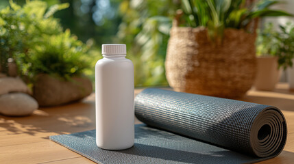 White bottle mockup beside rolled yoga mat and foam roller, bright studio lighting highlights balance of fitness and wellness lifestyle