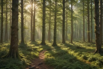 Obraz premium Textured forest backdrop, deep greens & browns, sunlight dappled , stock, shadows, design