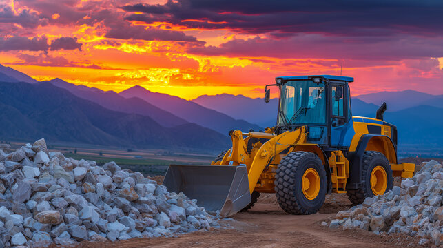Loader rests idle near mound of crushed stone, sunset glow reflecting off metal surfaces, peaceful end-of-day atmosphere at construction zone