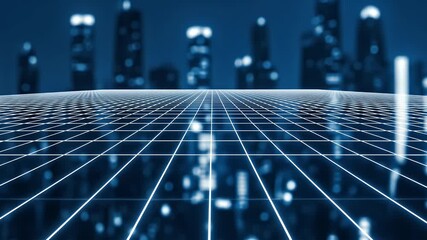 Abstract Blue Grid Overlay with City Lights Background for Digital Networking - Powered by Adobe